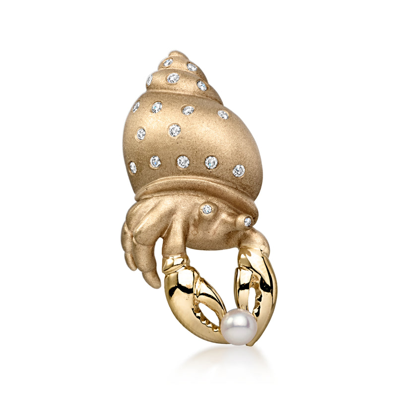 14kt yellow gold hermit crab pin with cultured pearl and small round diamond accents