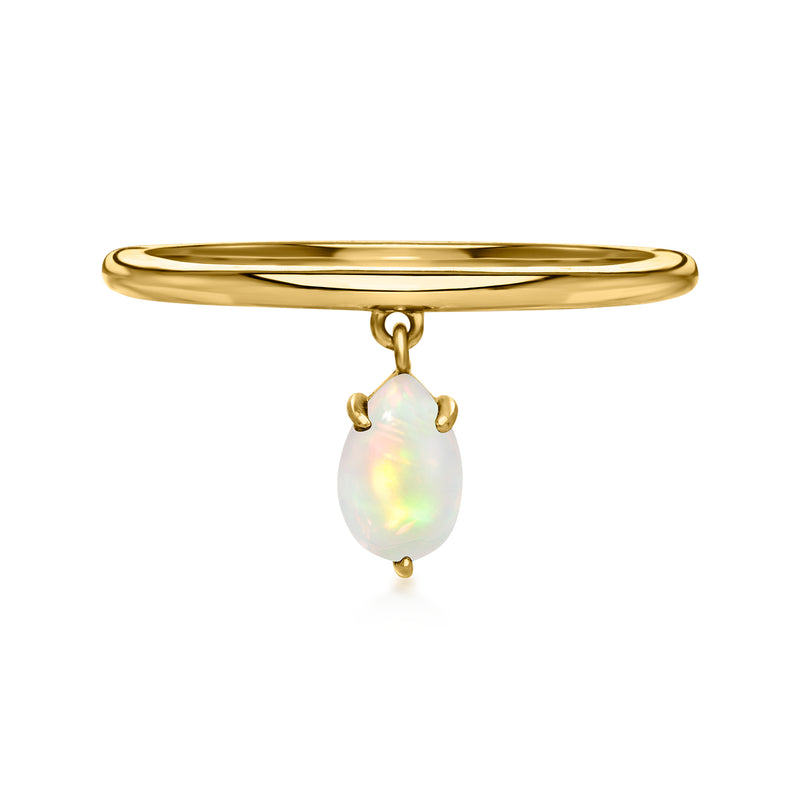10kt yellow gold ring with teardrop opal charm on open hoop band