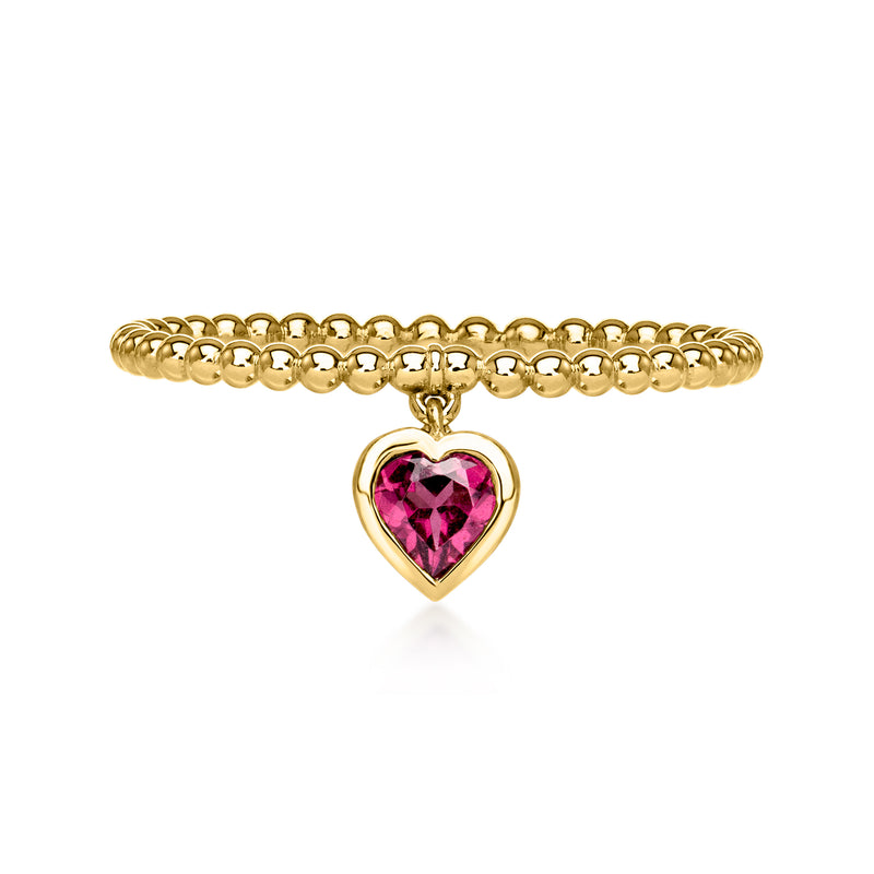 10kt yellow gold heart charm ring with pink gemstone, thin round-link band