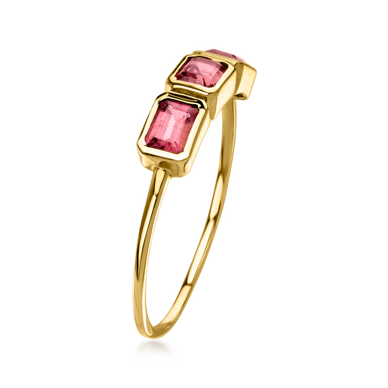 10kt yellow gold three-stone pink tourmaline ring, side view, cushion-cut gems