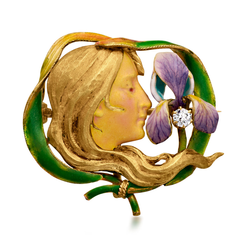 Vintage enamel woman and flower pin, yellow gold with multicolor detail and diamond