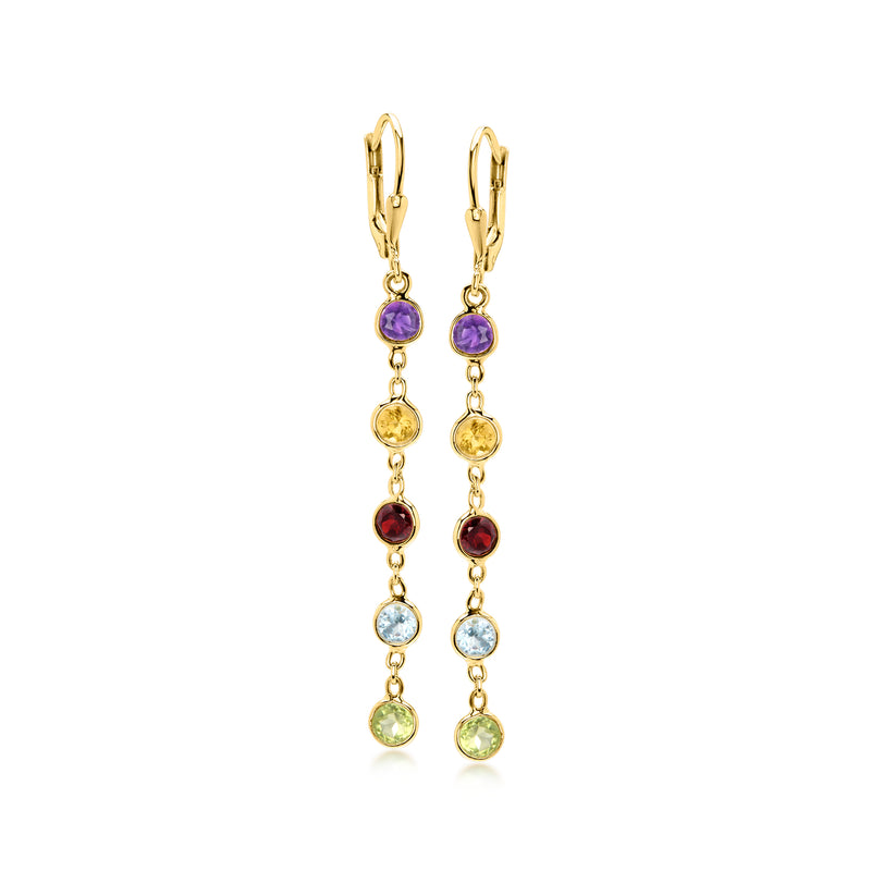 Gold drop earrings with multicolor bezel-set gemstones and leverback closures