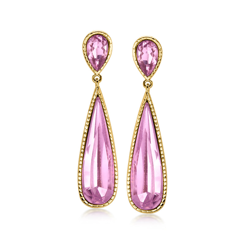 Yellow gold-plated drop earrings with pink simulated kunzite teardrop stones