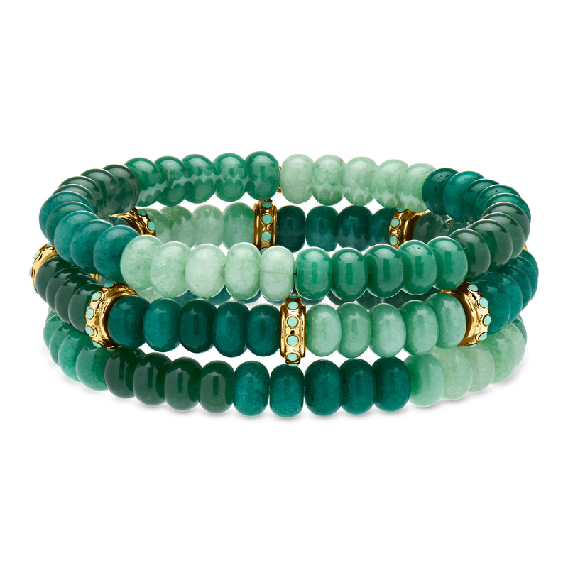 Three green bead stretch bracelets with gold-tone spacers, stacked set