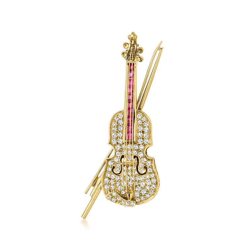 18kt yellow gold violin pin with diamond accents and ruby inlay, curved scroll posts