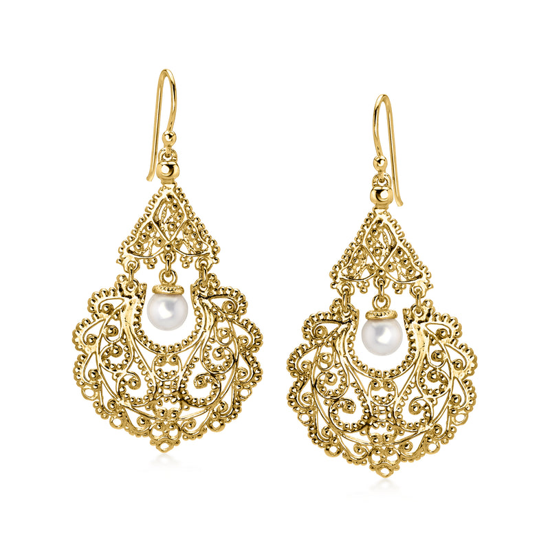 Gold-tone filigree chandelier earrings with a white cultured-pearl drop