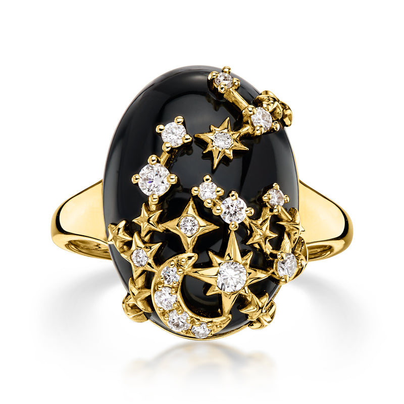 Black Agate and .27 ct. t.w. Lab-Grown Diamond Moon and Stars Ring in 18kt Gold Over Sterling
