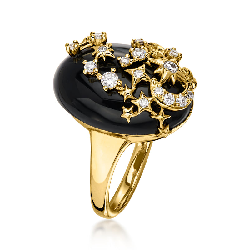 Black Agate and .27 ct. t.w. Lab-Grown Diamond Moon and Stars Ring in 18kt Gold Over Sterling
