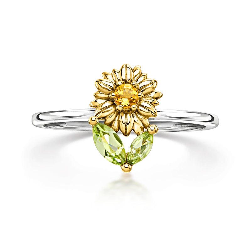 Sunflower ring with peridot pear drop and citrine center, sterling silver and yellow gold