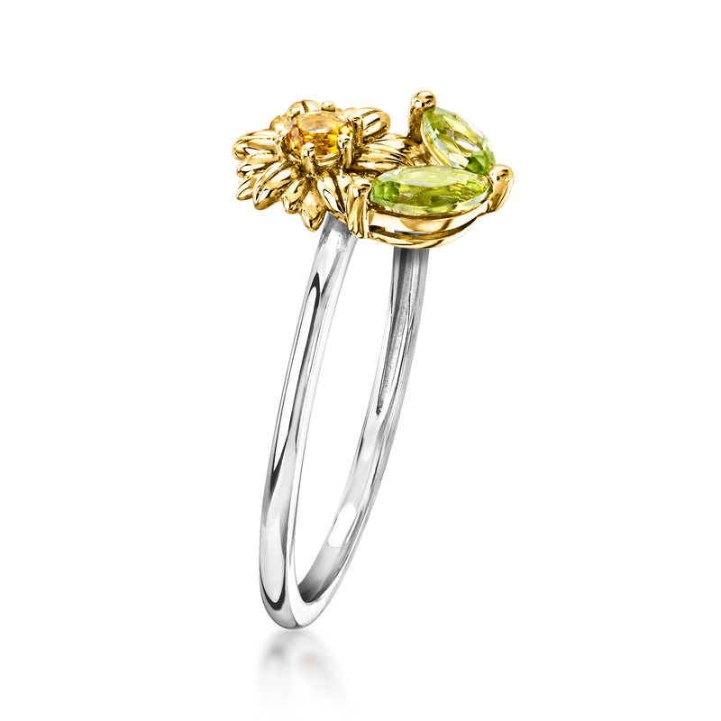 Sunflower ring with citrine and green peridot stones, yellow-gold prongs on silver band