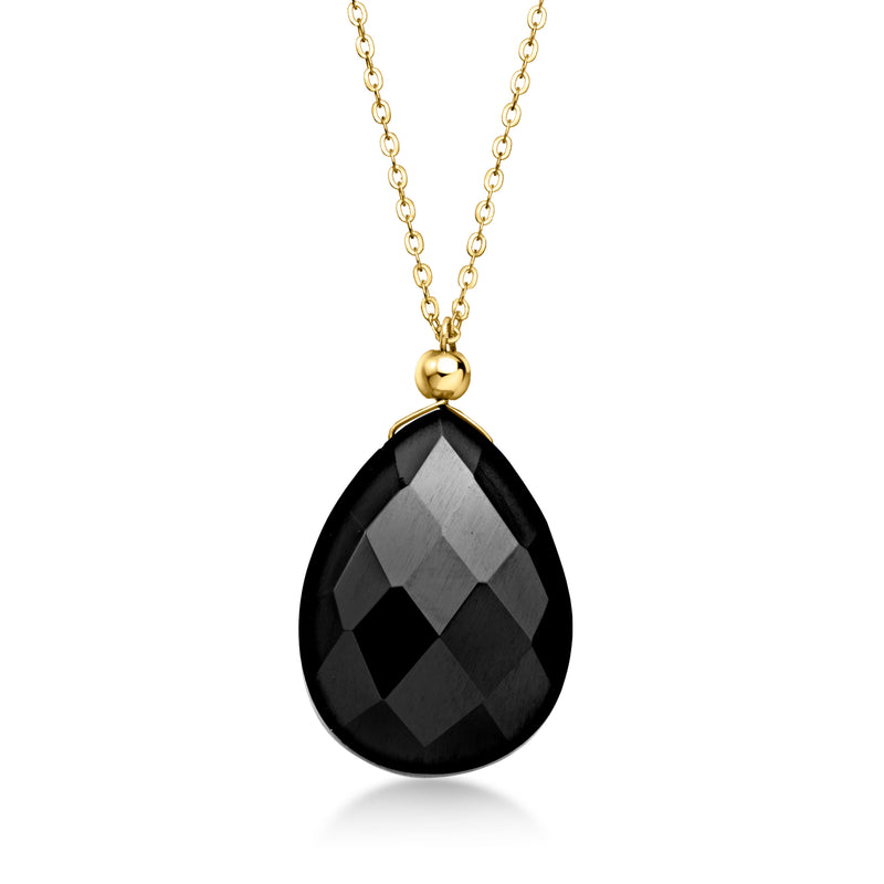 10kt yellow gold onyx teardrop pendant necklace with faceted black stone