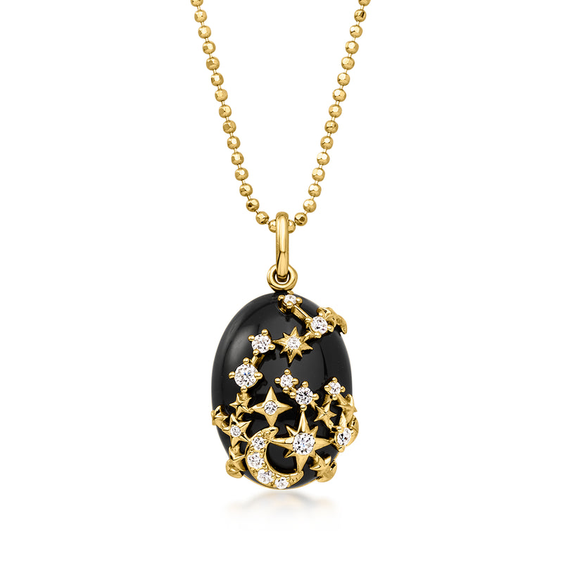 Black Agate and .27 ct. t.w. Lab-Grown Diamond Moon and Stars Pendant Necklace in 18kt Gold Over Sterling. 18"