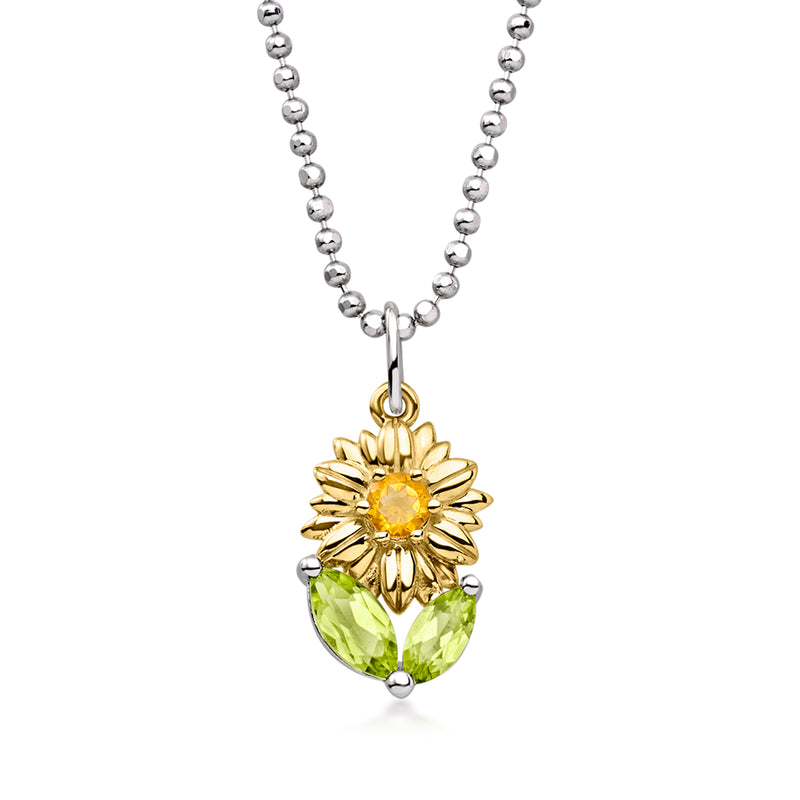 Sunflower pendant necklace in sterling silver with yellow gold, citrine center and green teardrops