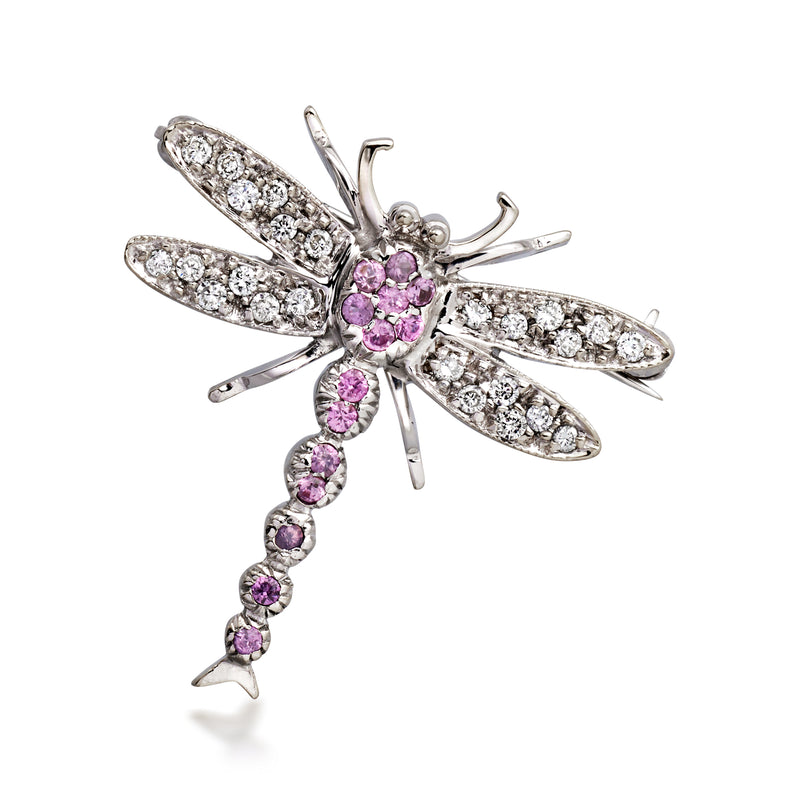 Vintage diamond and purple sapphire dragonfly pin in white gold