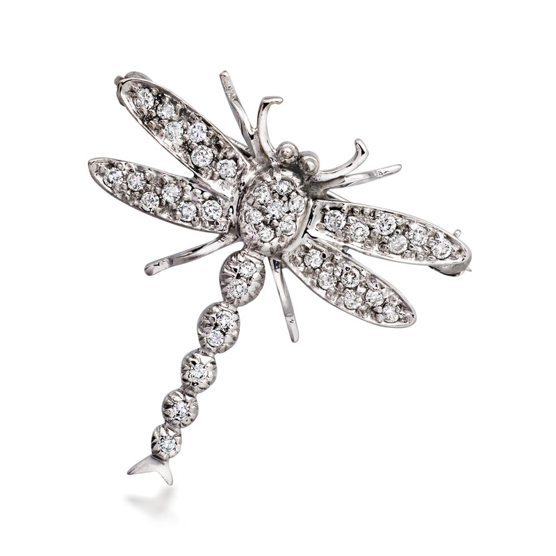 Diamond dragonfly pin in white gold with pavé-set wings and dangling tail