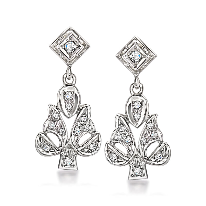 Vintage white gold diamond drop earrings with square tops and floral cluster dangles