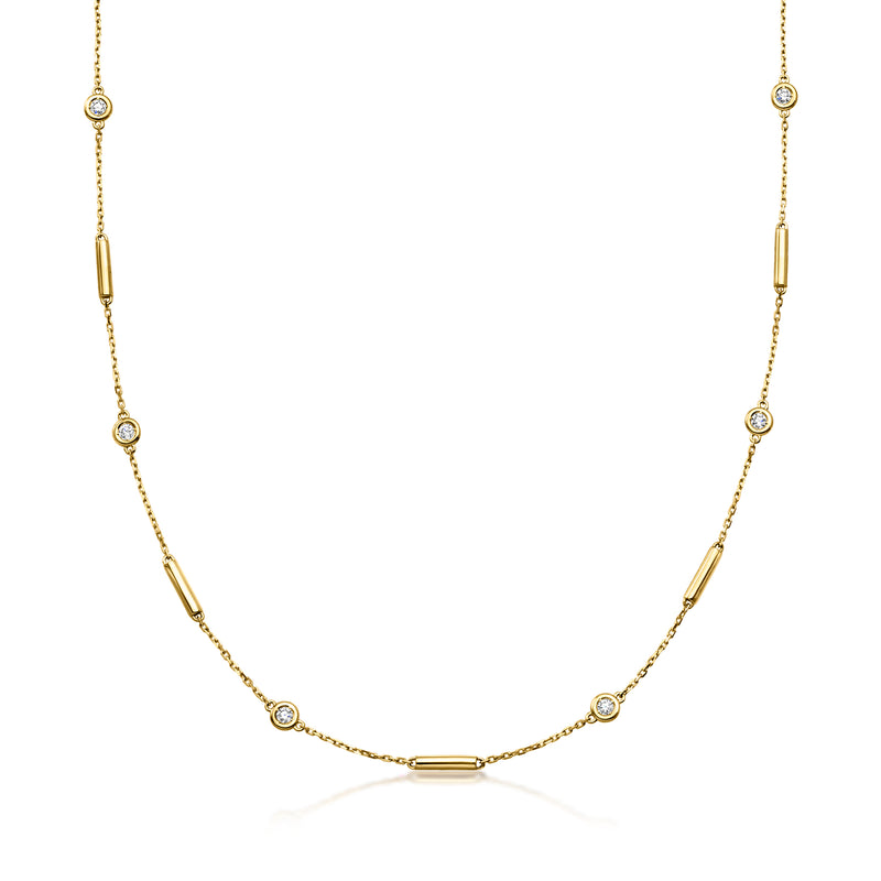 18kt yellow gold bar station diamond necklace with bezel-set round diamonds, delicate chain