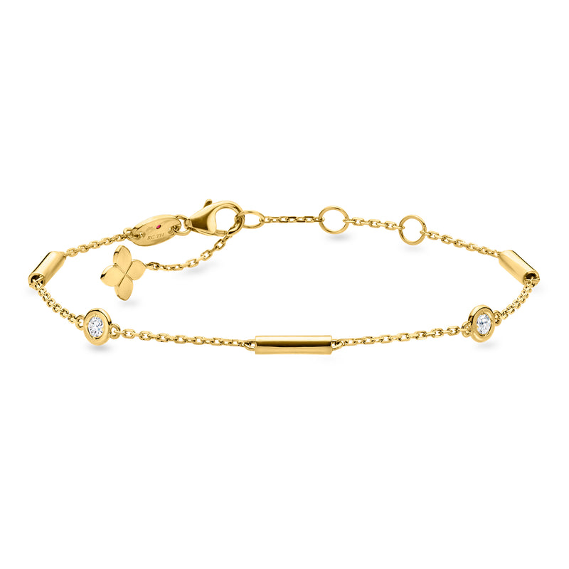 18kt yellow gold bar station bracelet with bezel-set diamond accents and link chain