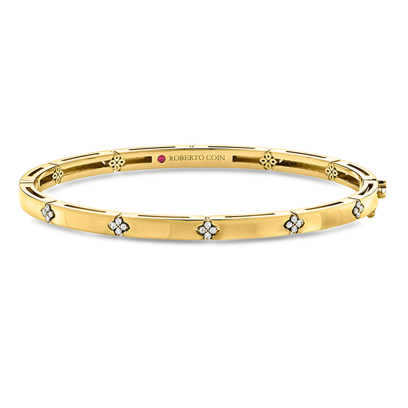 18kt yellow gold diamond bangle bracelet with floral clover details, Roberto Coin