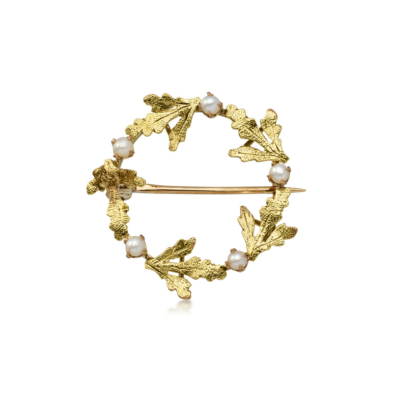 10kt yellow gold leaf circle pin with white cultured pearls