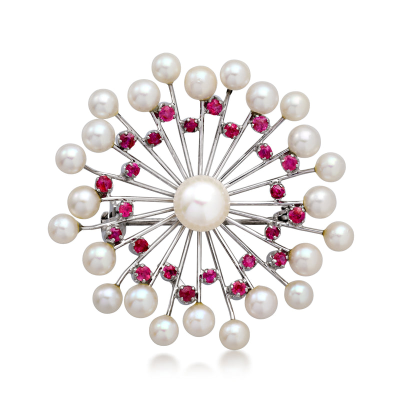 Cultured pearl and ruby burst pin with 18kt white gold tone spokes, round pearls