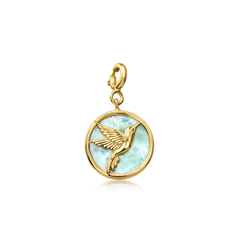 Round larimar bird charm in 18kt gold over sterling with bird relief in bezel
