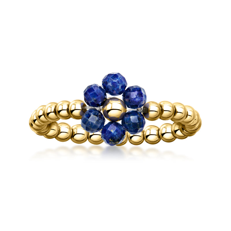 14kt yellow gold stretch ring with blue lapis bead flower center and beaded band