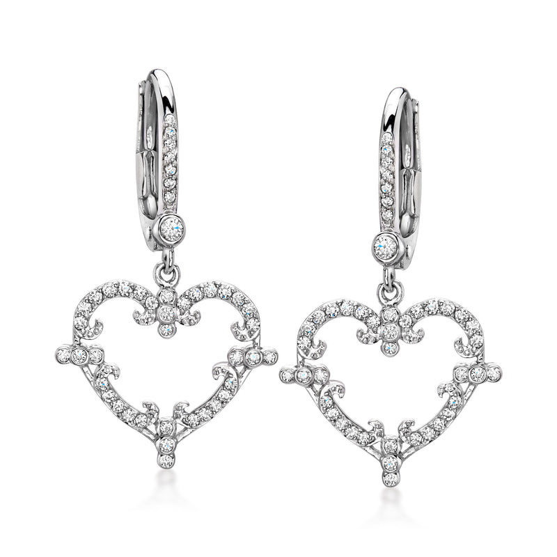 Diamond heart drop earrings in white gold with leverback closure