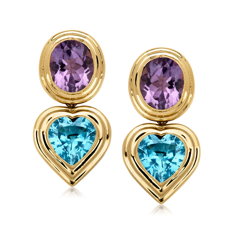 14kt yellow gold drop earrings with amethyst and Swiss blue heart stones