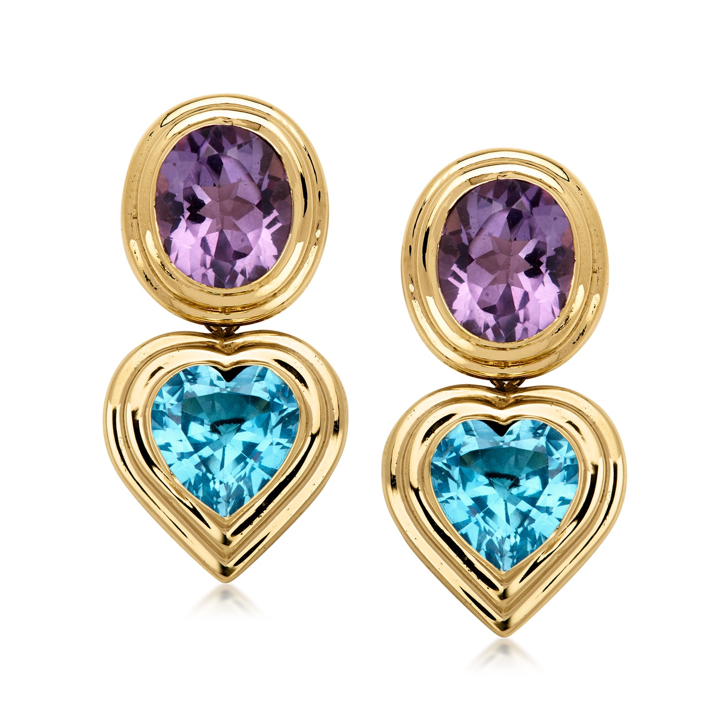 C. 1980 Vintage 10.20 ct. t.w. Swiss Blue Topaz and 10.00 ct. t.w. Amethyst Drop Earrings in 14kt Yellow Gold