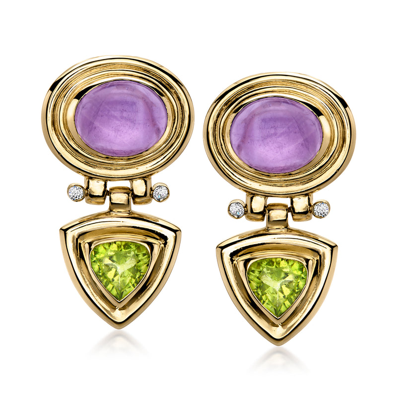 Gold drop earrings with oval amethyst top, triangle peridot, and diamond accents