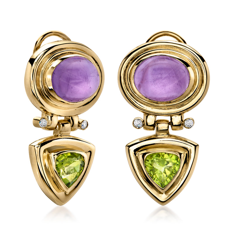 Gold drop earrings, purple oval amethyst with green triangle peridot and small diamonds