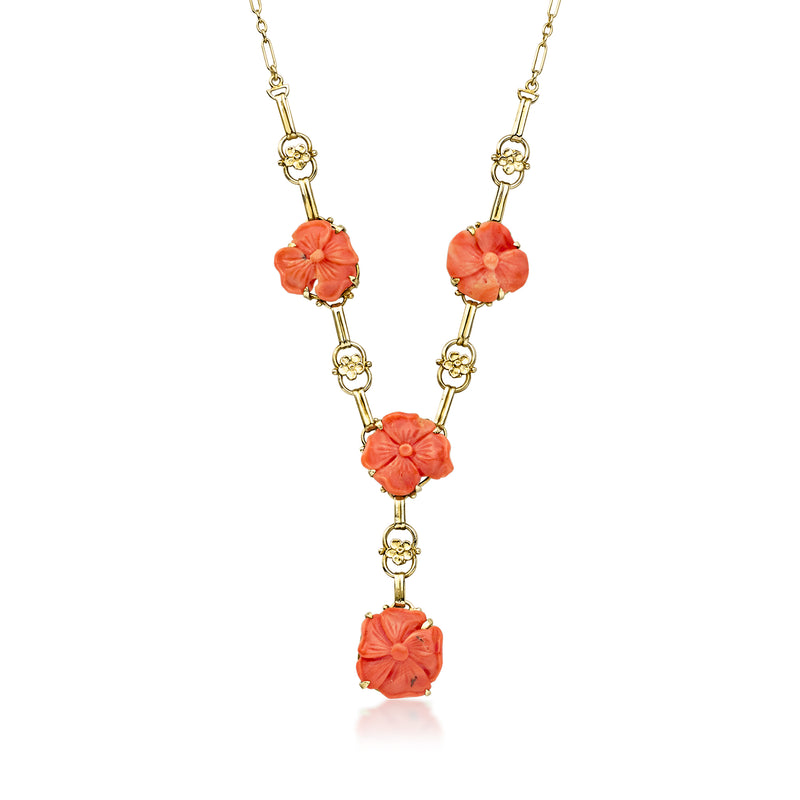 14kt yellow gold y-necklace with carved coral flower drop beads