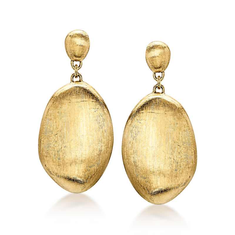 Textured oval yellow gold drop earrings with small top loop and hook backing