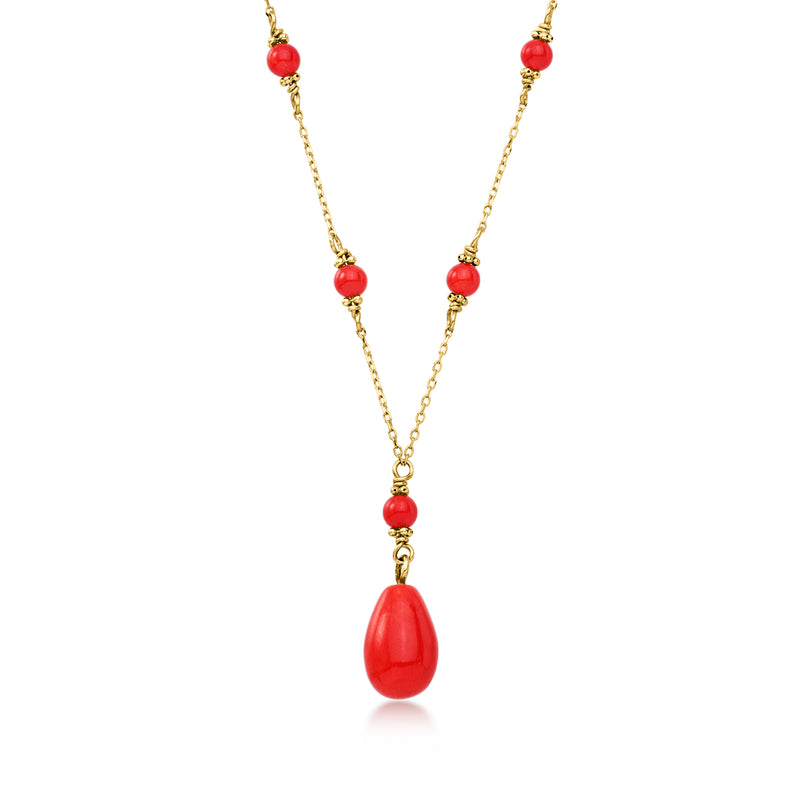 14kt yellow gold station necklace with red coral beads and teardrop pendant