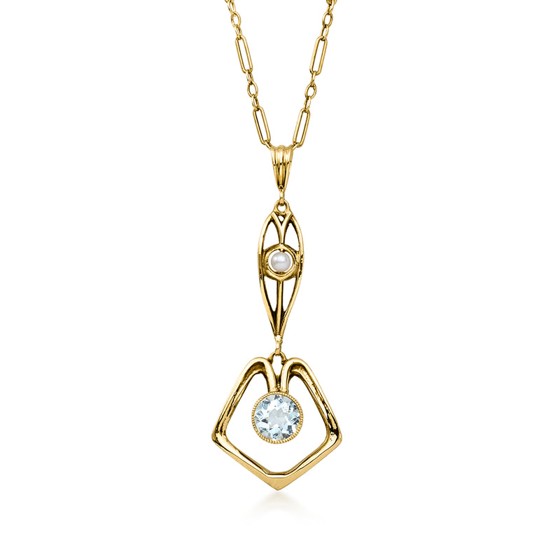 14kt yellow gold pendant necklace with aquamarine oval and single seed pearl drop