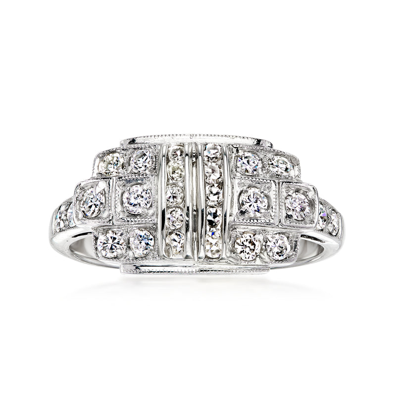 Vintage platinum diamond ring with round and baguette stones, size 6