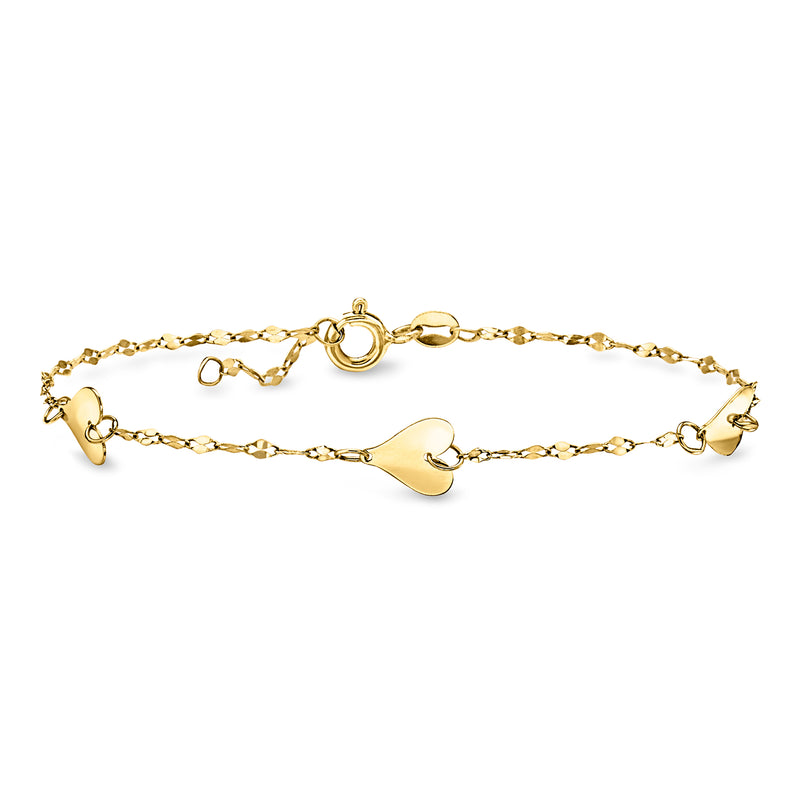 Yellow gold heart station bracelet with linked chain and round clasp