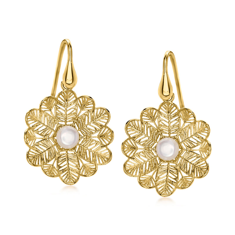 Gold filigree flower drop earrings with round pearl center and hook earwire