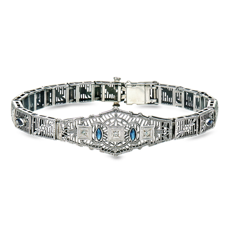 10kt white gold sapphire and diamond bracelet with geometric filigree links
