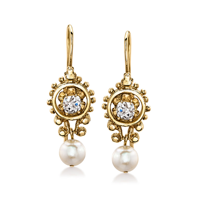 14kt yellow gold drop earrings with cultured pearl and diamond cluster, earwire