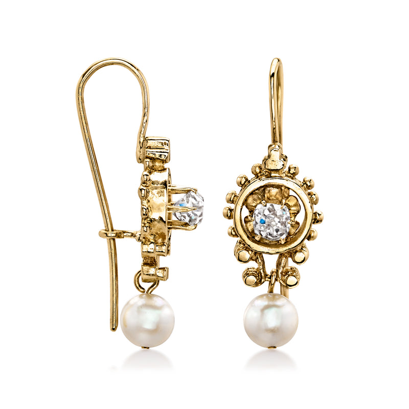 14kt yellow gold drop earrings with pearl and diamond cluster, earwire backs visible