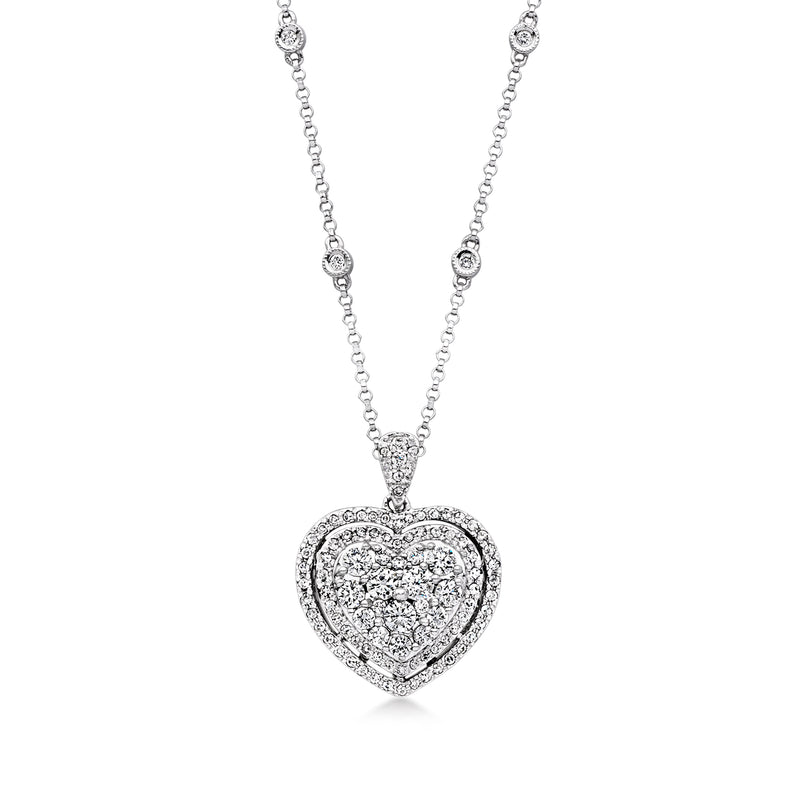White gold diamond heart pendant necklace with round-link chain and bezel-set heart