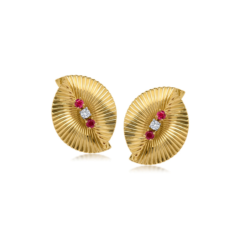 18kt yellow gold fan clip earrings with red rubies and small white diamond accents