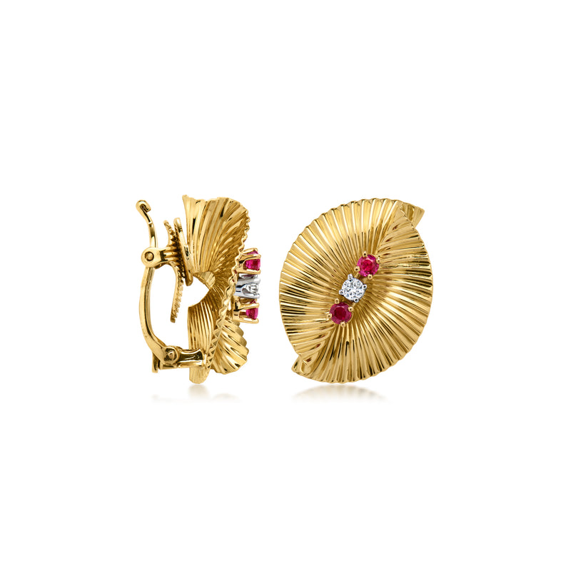 18kt yellow gold fan clip earrings, side view with ruby and diamond detailing