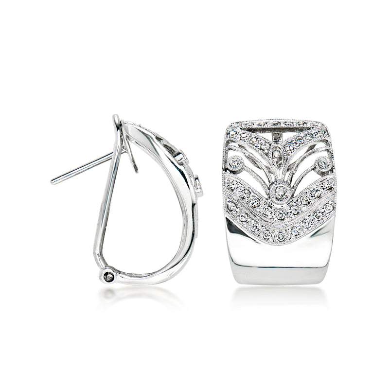 Curved openwork diamond earrings in 18k white gold, clip/post backs