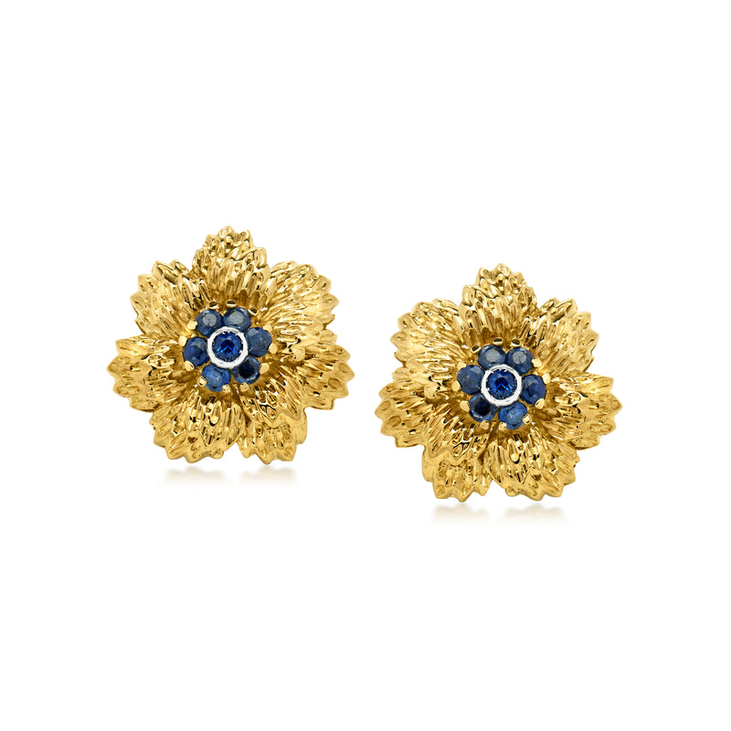 Vintage gold flower earrings with blue sapphire-style center stones