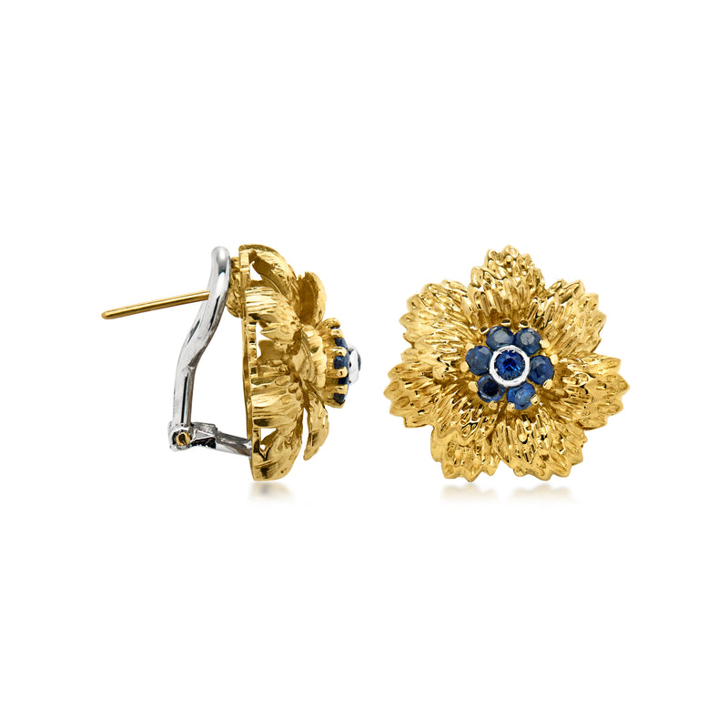 Vintage gold flower earrings with post backs and blue center stones