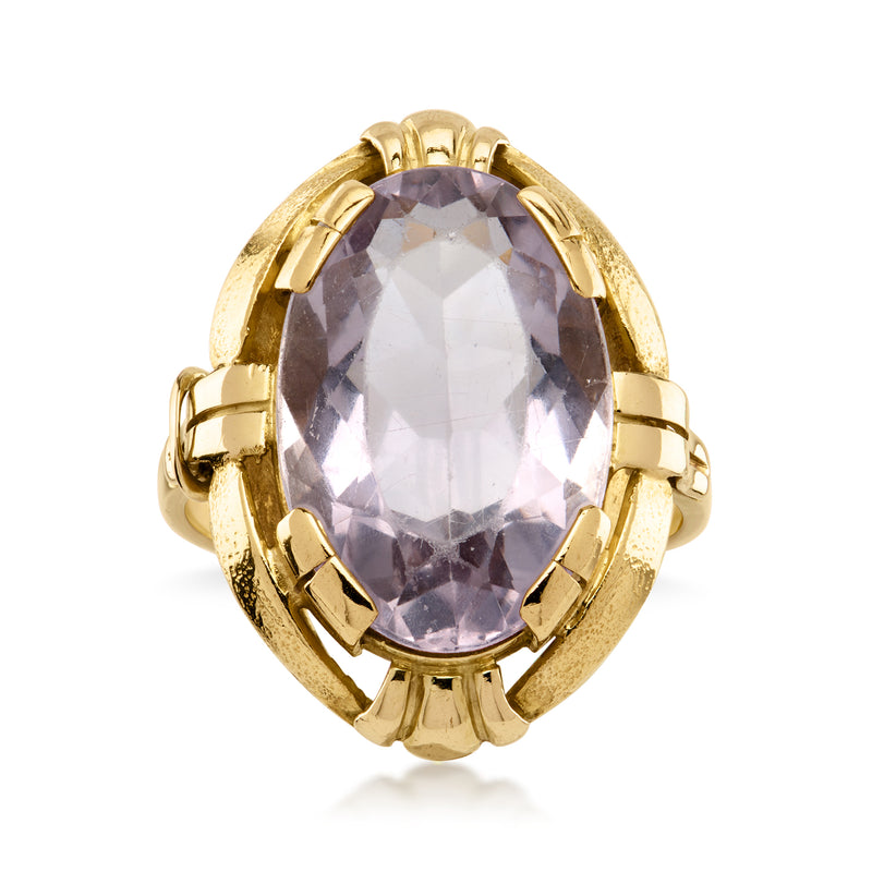 14kt yellow gold oval ring with faceted amethyst-style crystal center