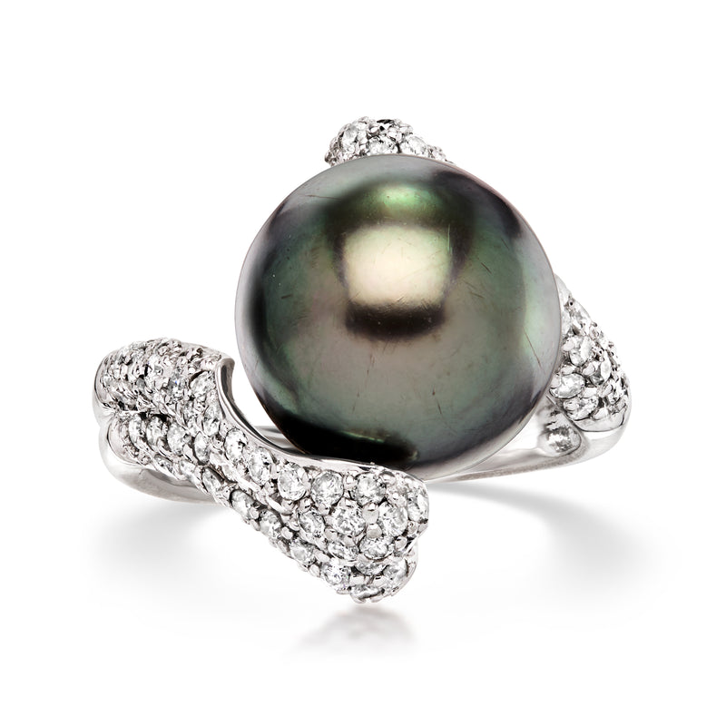 Vintage black pearl bypass ring with diamond accents in white gold